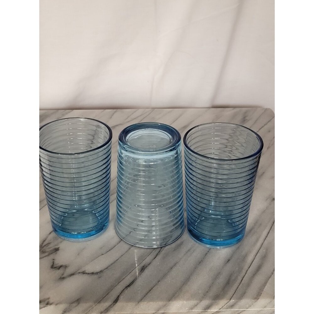 KIG Indonesia 4" Juice Glass Blue Concentric Ribbed Circular Pattern Vintage Set - Picture 6 of 13